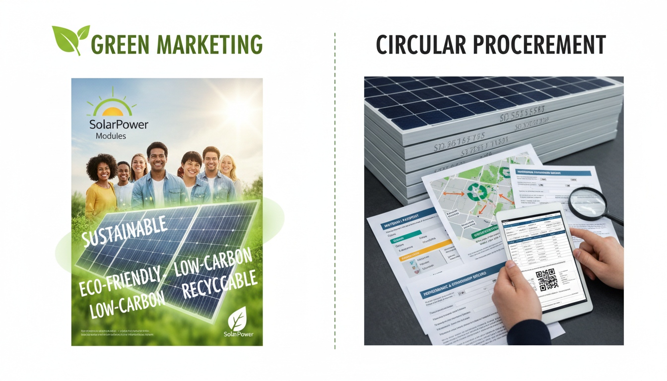 Green marketing compared with circular PV procurement showing the difference between sustainability claims and documented lifecycle evidence for solar modules